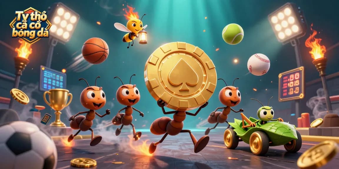 Experience Tỷ lệ cá cược bóng đá as ants heist golden poker chip, racing through a vibrant gambling-themed scene.