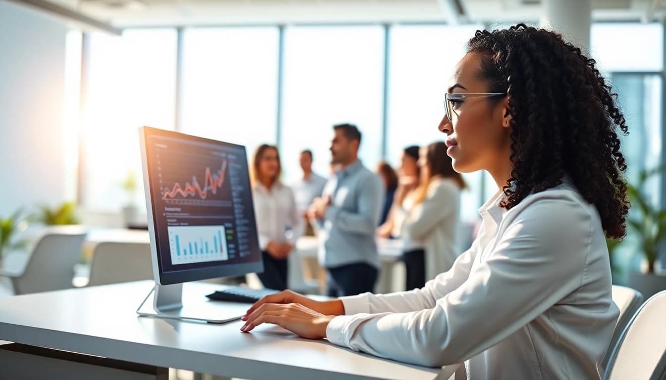 AI Employee collaborating in a modern office with cheerful colleagues.