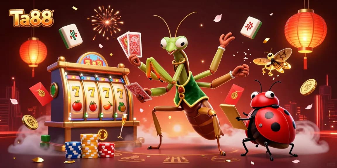 Ta88 showcases a vibrant casino scene with a giant praying mantis card sharp, ladybug pit boss, and rich gaming elements.