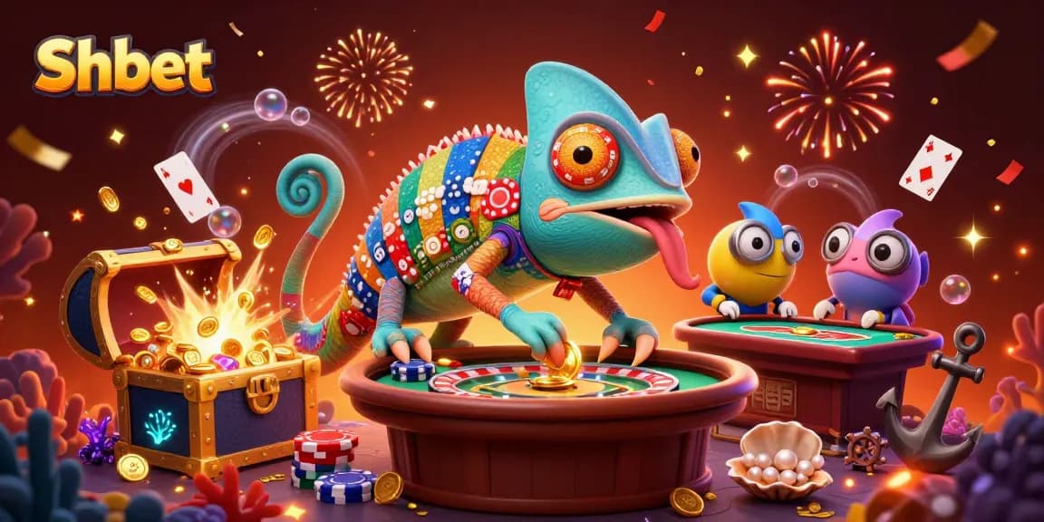 Experience the excitement with Shbet, where a chameleon casino owner captures golden coins in style.
