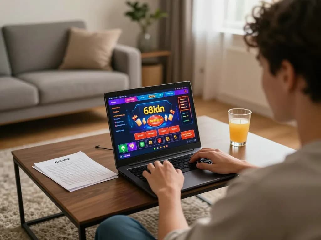 Pemain terlibat dalam permainan online di platform 68idn dari pengaturan rumah yang nyaman, menampilkan suasana permainan strategis.