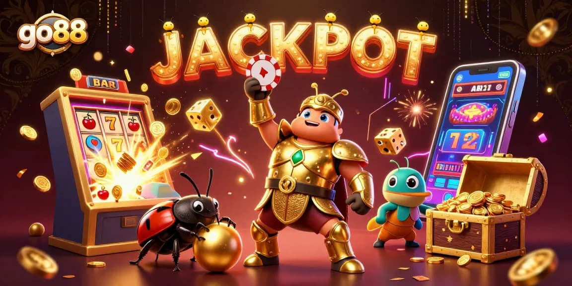 Spin and win big at go88, featuring lively characters celebrating a jackpot with casino elements.