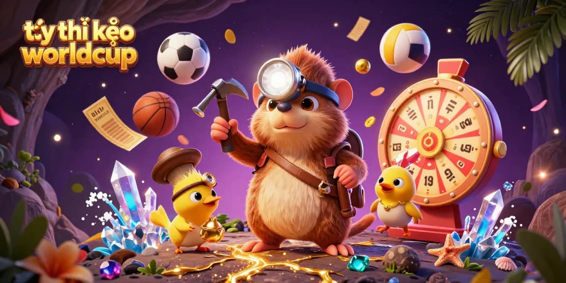 Bet on tỷ lệ kèo worldcup with a thrilling 3D scene of a treasure hunter and sports elements