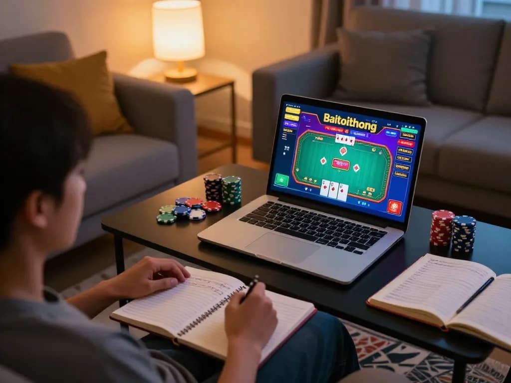 A person enjoys a thrilling gamebaidoithuong poker session on their laptop at home, showcasing a colorful interface.