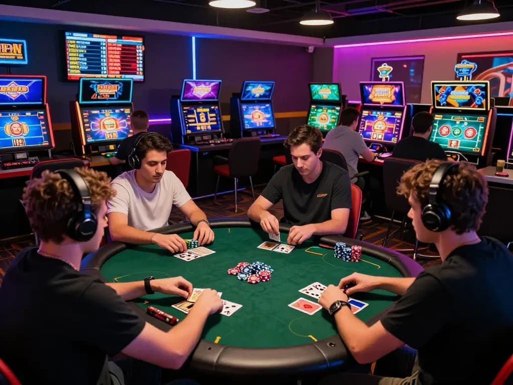 Engaged players in vibrant gaming scene, tải go88 on devices, showing excitement and camaraderie.