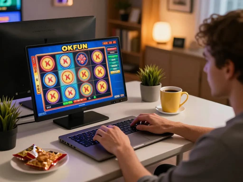 Engaging gaming moment playing Okfun slots on a laptop in a cozy home office setup