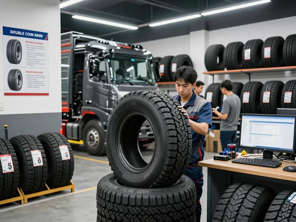 Mechanic inspecting Double Coin RR99 tire in a busy automotive workshop.