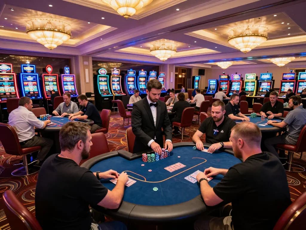 F8BET players engaging in intense poker action with vibrant casino atmosphere