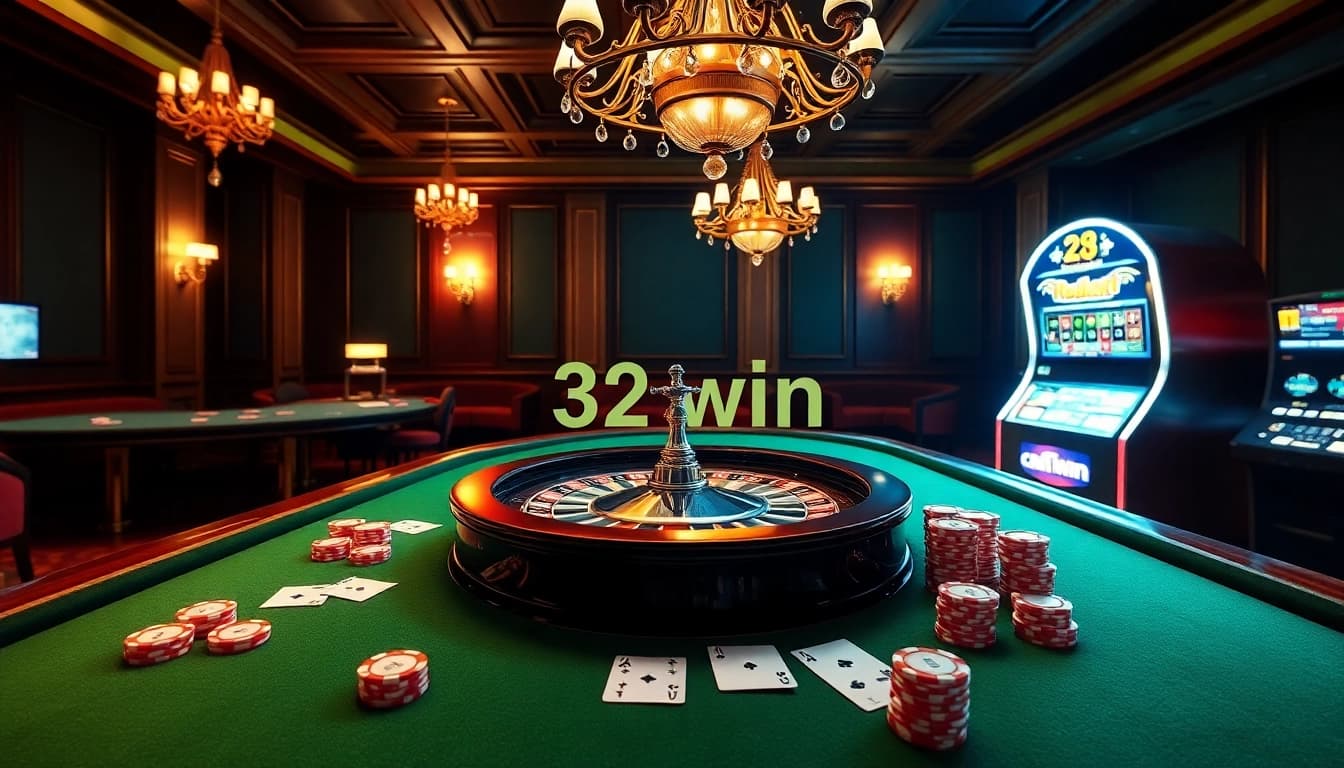 Players enjoying poker and roulette at 32win casino with vibrant ambiance and elite atmosphere.