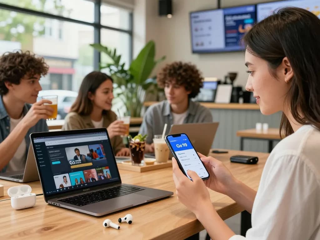Social interaction in café showcasing Go 99 mobile data service benefits with friends.