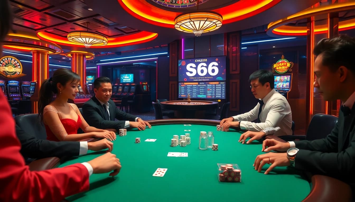 S666 đăng nhập at an elegant casino featuring high-stakes poker, vibrant lights, and dynamic gaming atmosphere.