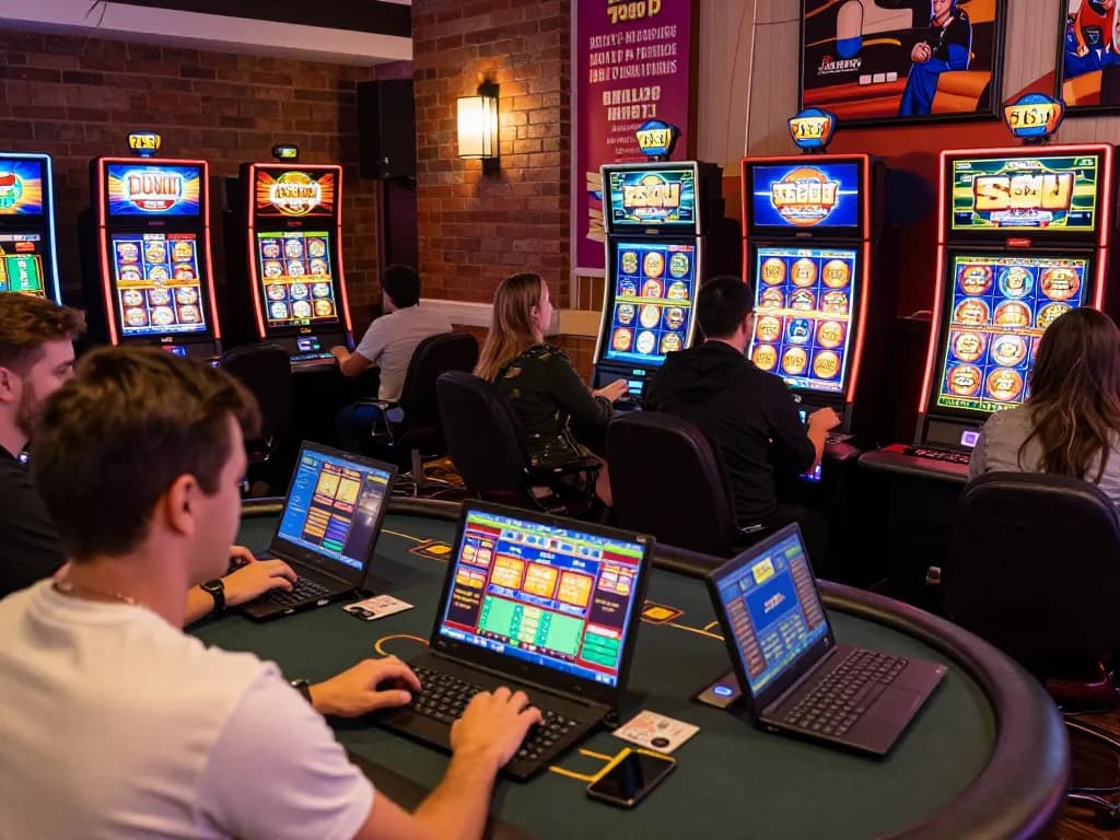Online gambling scene featuring players engaged with 789 P gaming platforms in a vibrant casino-like atmosphere.