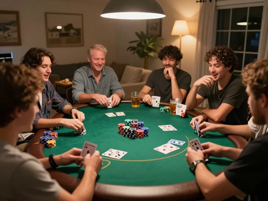 Friends enjoying a poker night at home, showcasing vn88a gaming excitement and strategic play.