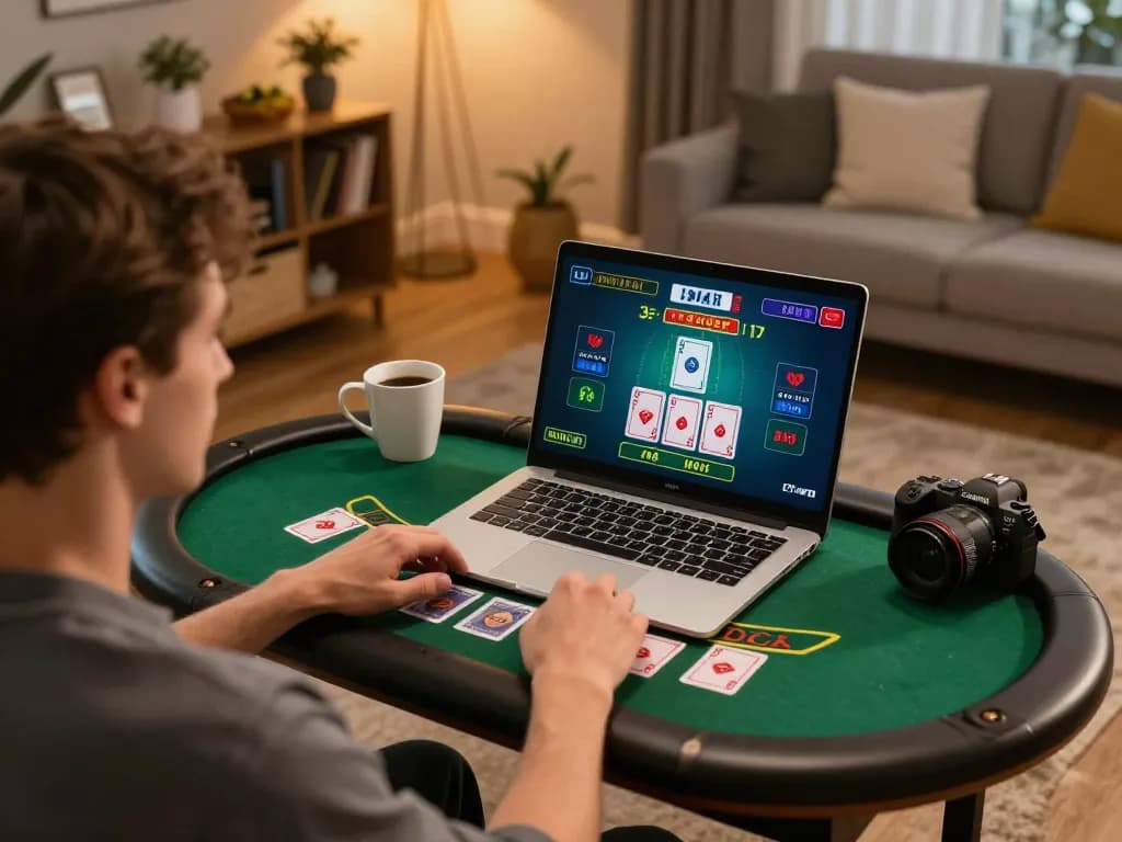 Engaged player using 98win trang chủ for an online blackjack game from home.