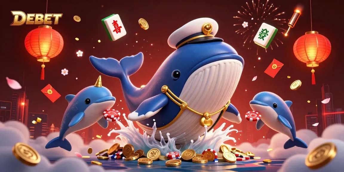 Engage with DEBET's lively casino scene featuring a cartoon whale and poker-playing dolphins.
