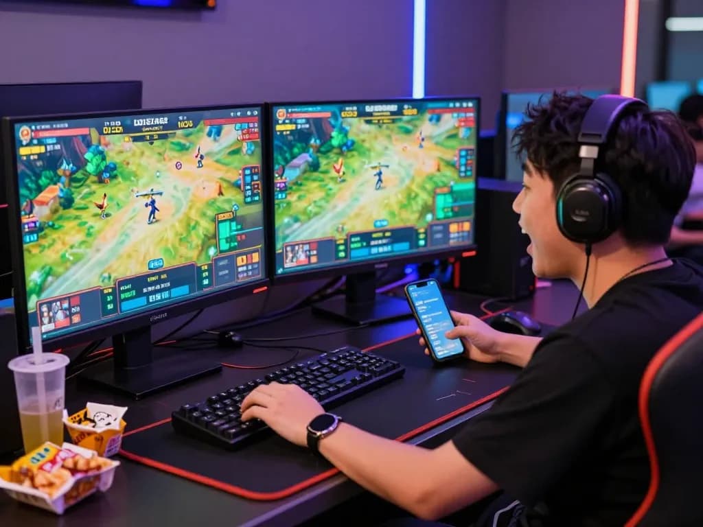 Player engaging in online betting at https://bj388.my with live cockfighting action on screens.