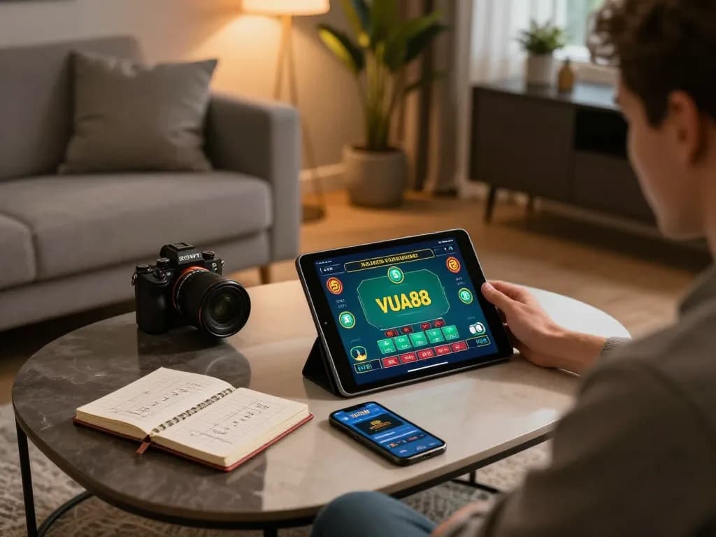 Play the NHÀ CÁI VUA88 app on tablet, engaging with an exciting live dealer game in a stylish home.