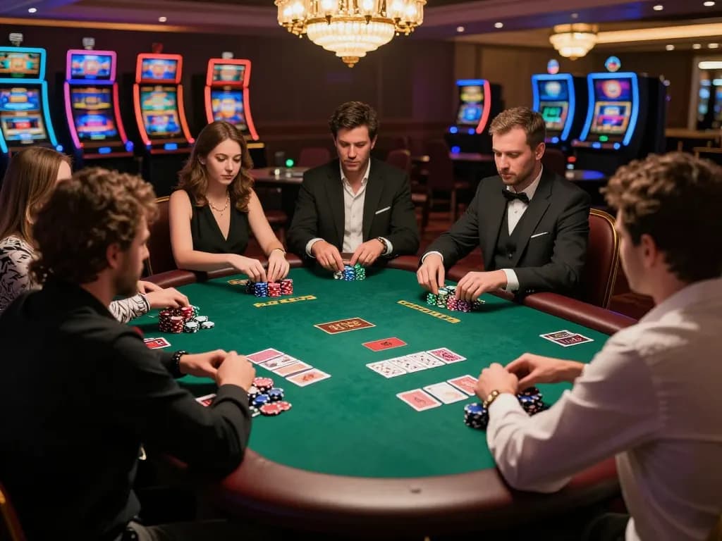 GO8 players strategizing over poker chips in an upscale casino environment.