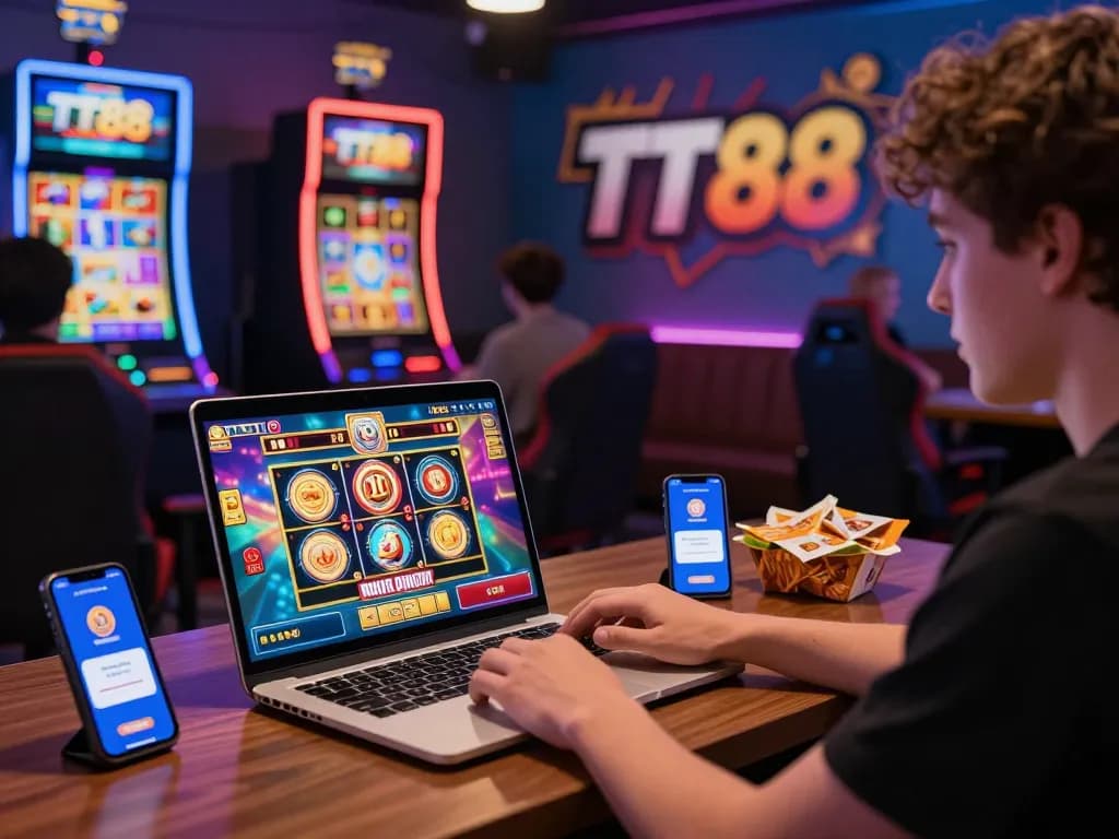 Player enjoying a seamless gaming experience at https://tt888.de.com with vibrant casino graphics and a cozy setup