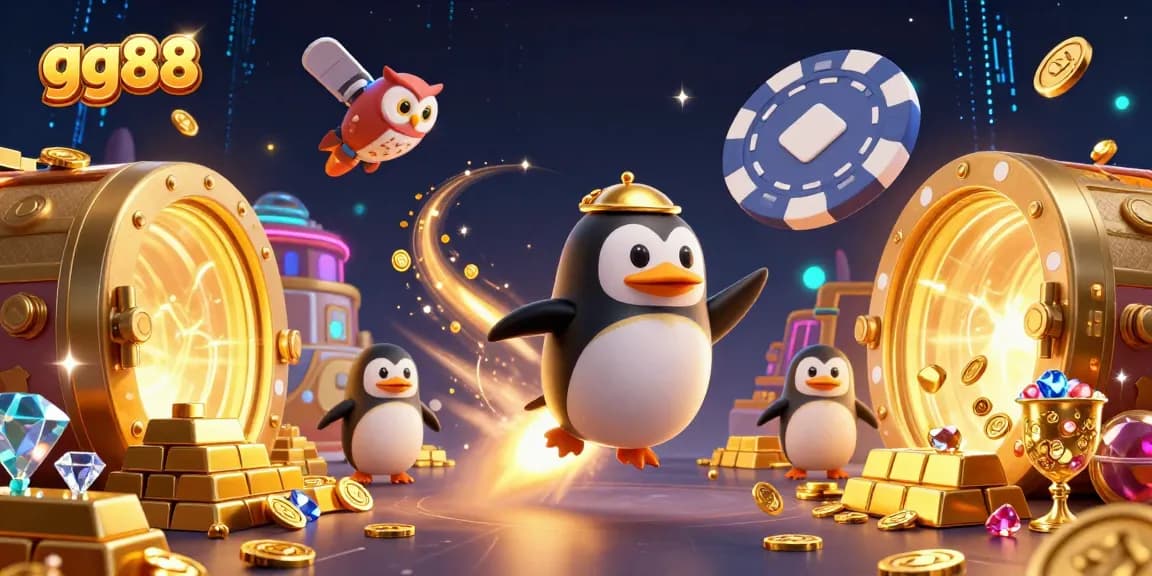 Experience the excitement of gg88 with a golden penguin launching toward a casino space station, surrounded by treasures.