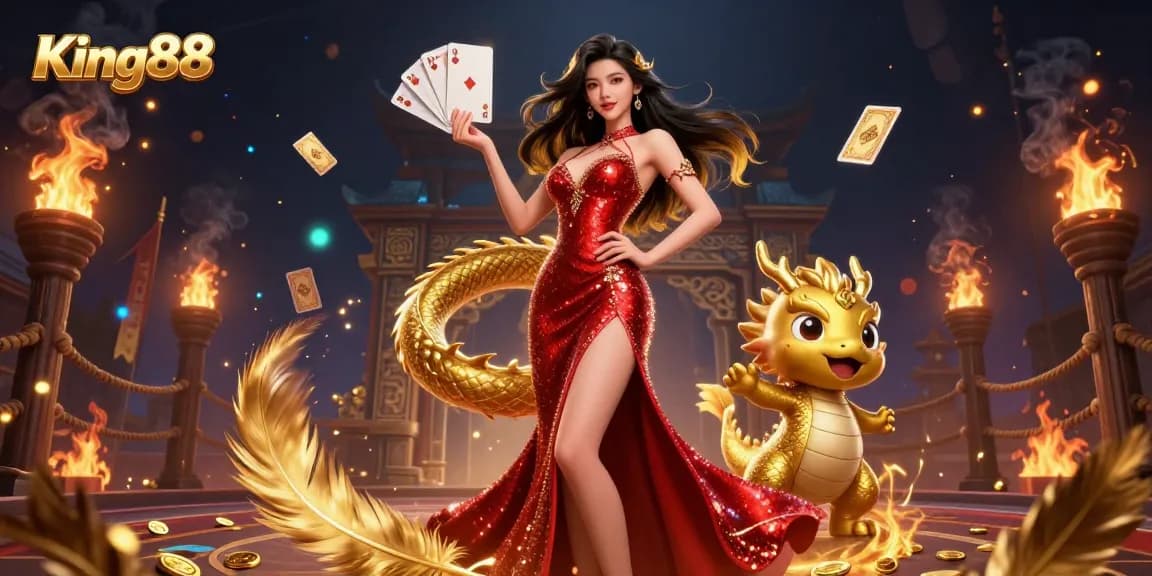 Playing big with King88 in a vibrant casino setting featuring a stunning woman and a golden dragon.