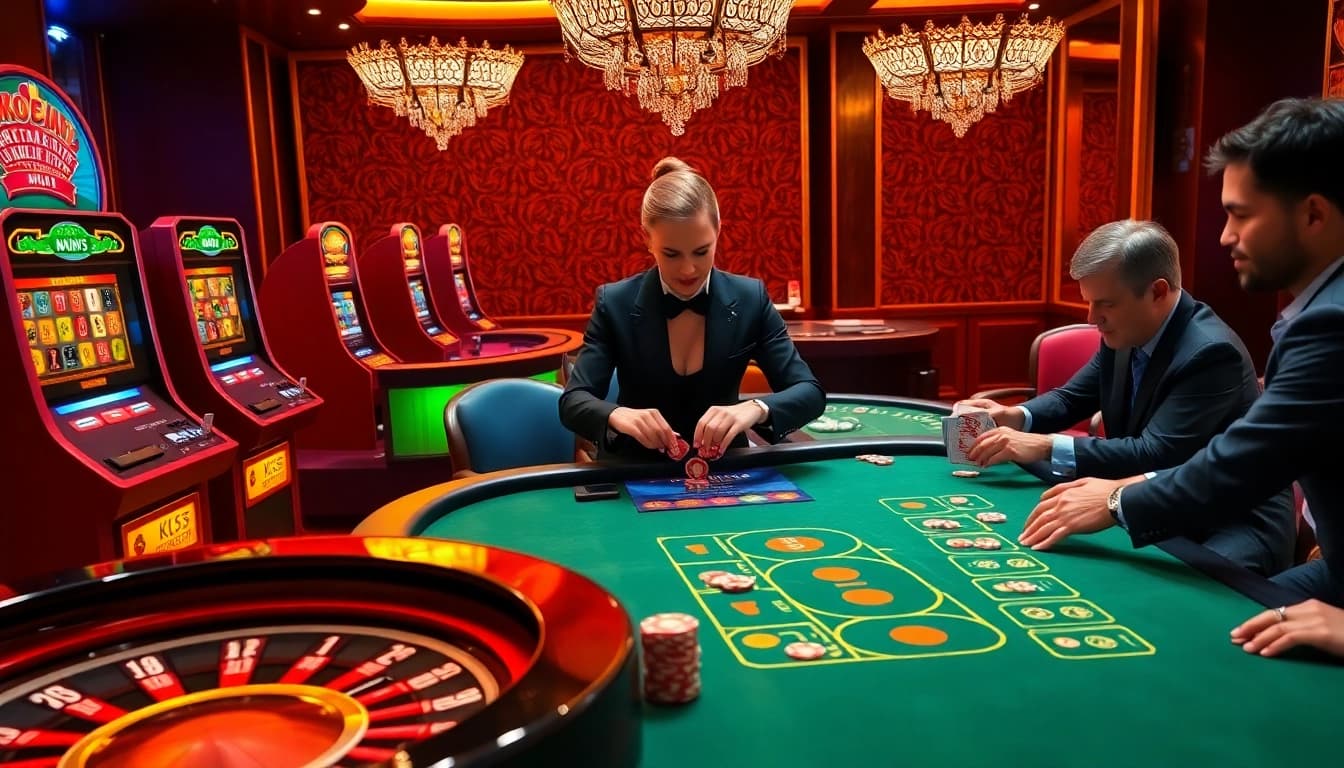 Players engaging in a thrilling game at the KK55 casino table, highlighted by vibrant atmosphere.