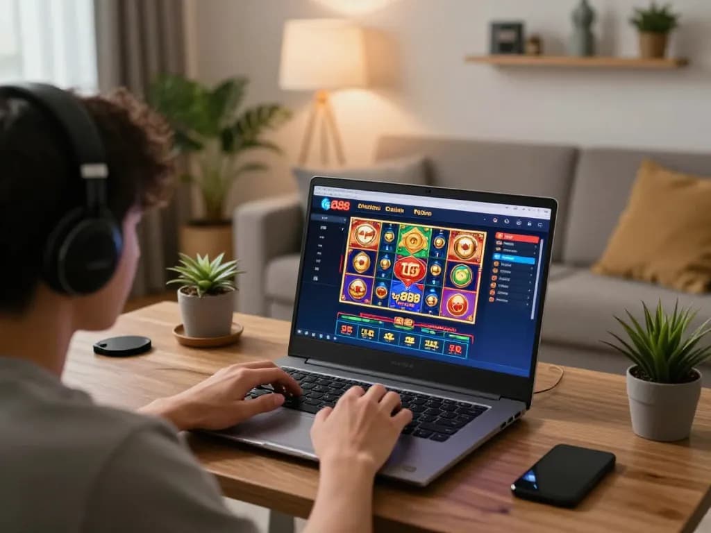 Gamer exploring slot games and live dealer options on tg888 online casino from a cozy home setup.