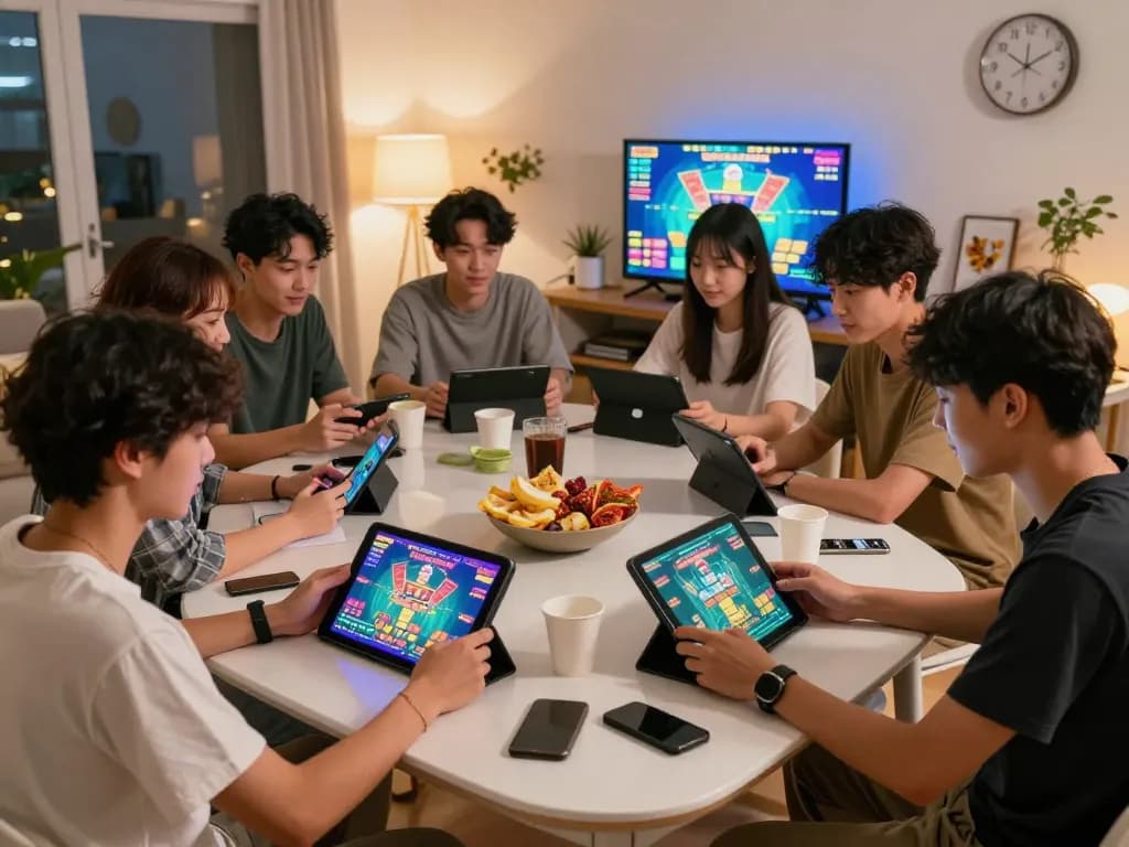 Players enjoying tài xỉu sunwin in a vibrant home gaming setup with snacks and engaging screens.