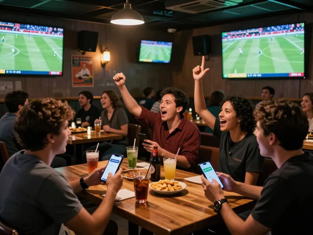 Fans cheering while using cakhia app for real-time sports betting during a live match.