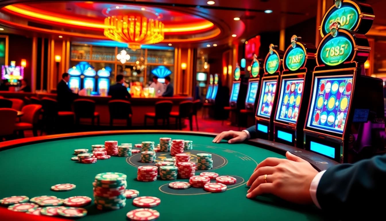 Experience the excitement of 789f with vibrant casino tables, poker chips, and thrilling slot machines.