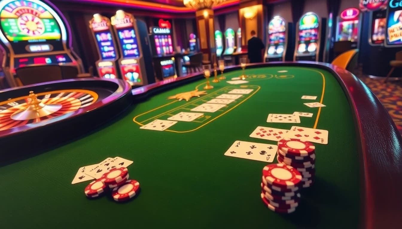 Engaging casino scene with poker table, roulette wheel, and slot machines at uu88.company, inviting thrilling gaming experiences.