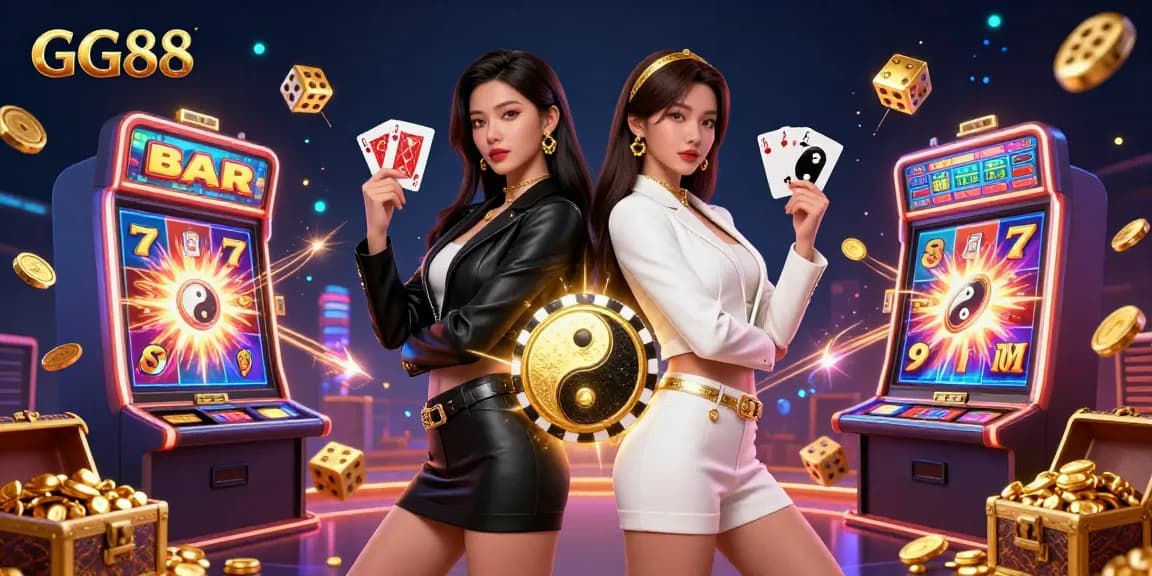 Experience the excitement of GG88 with stunning twin Asian women in a dynamic casino scene, holding playing cards.