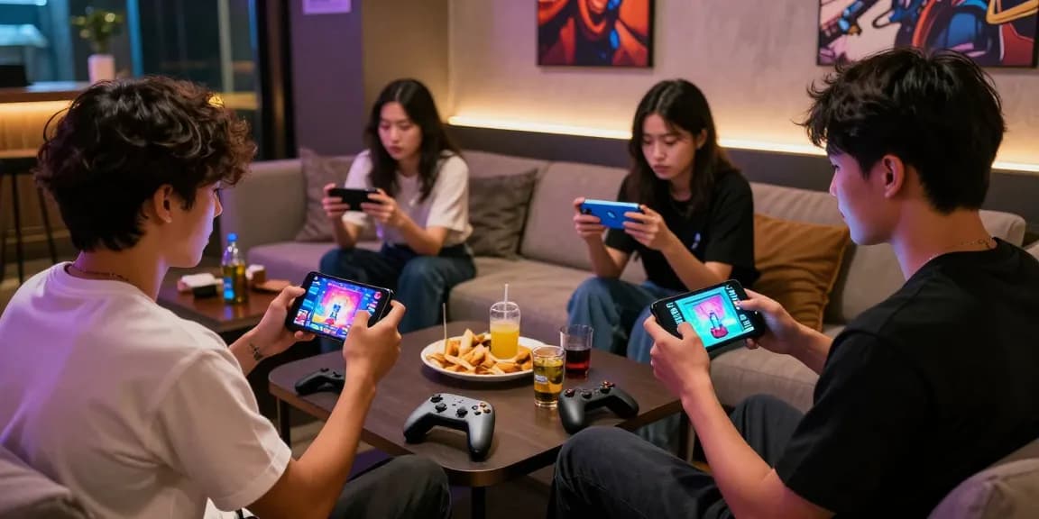 Engaged gamers playing mobile hentai game together in a stylish lounge.