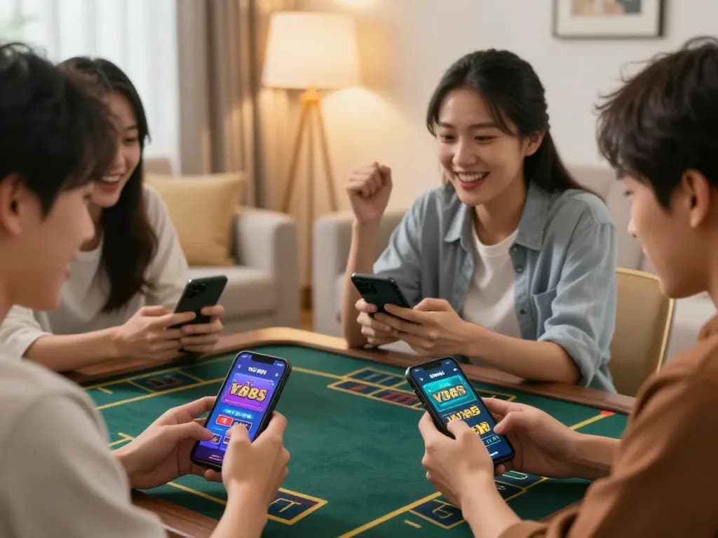 TẢI VB88 app for exciting mobile betting with friends in a cozy living room.
