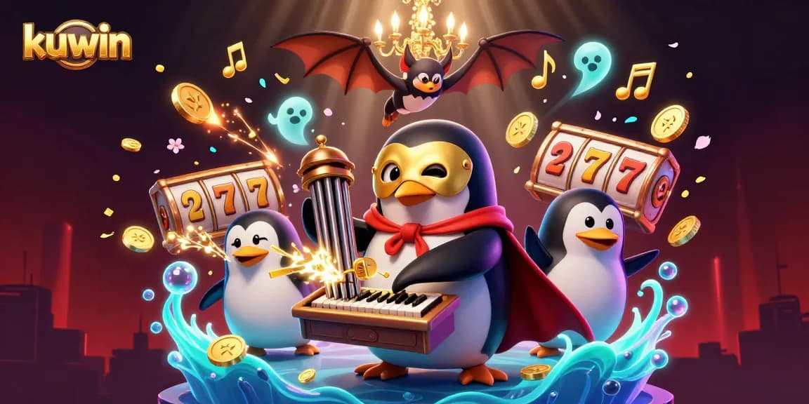 Kuwin casino illustration with a penguin organist and golden coins surrounded by lottery elements.
