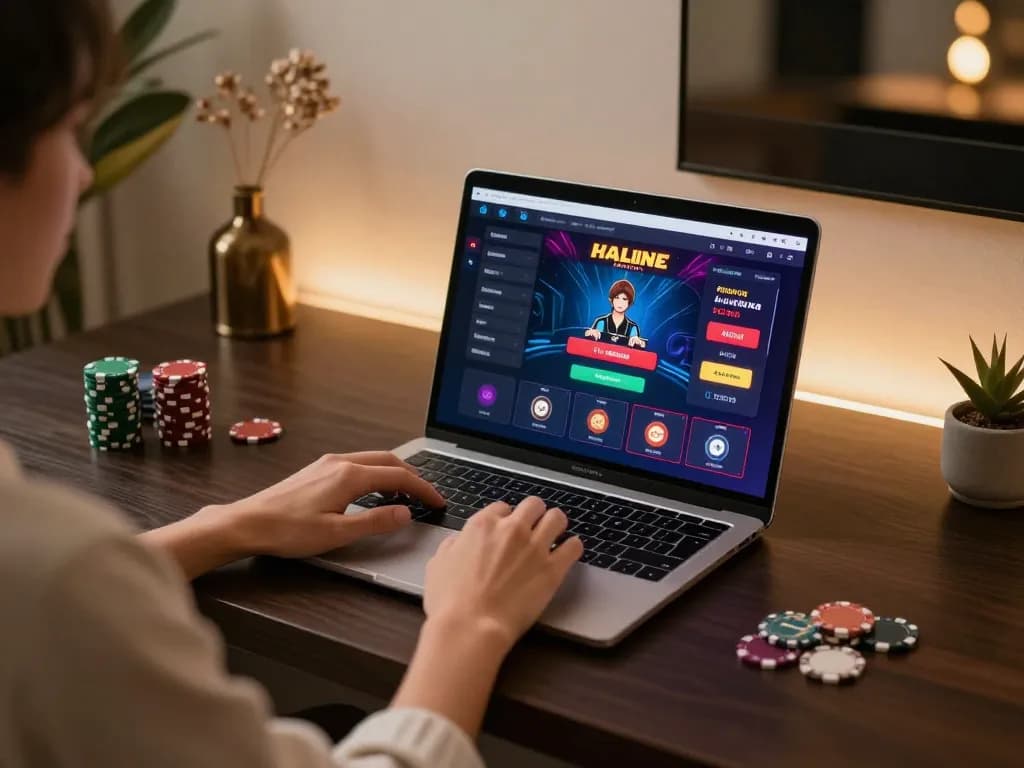 Player engaging with poker game on UU88 com website in a stylish home office.