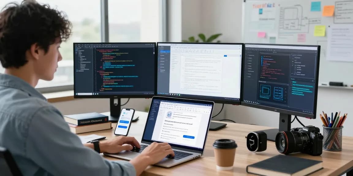 WPS Download in a dynamic tech workspace with multiple monitors and productivity tools.