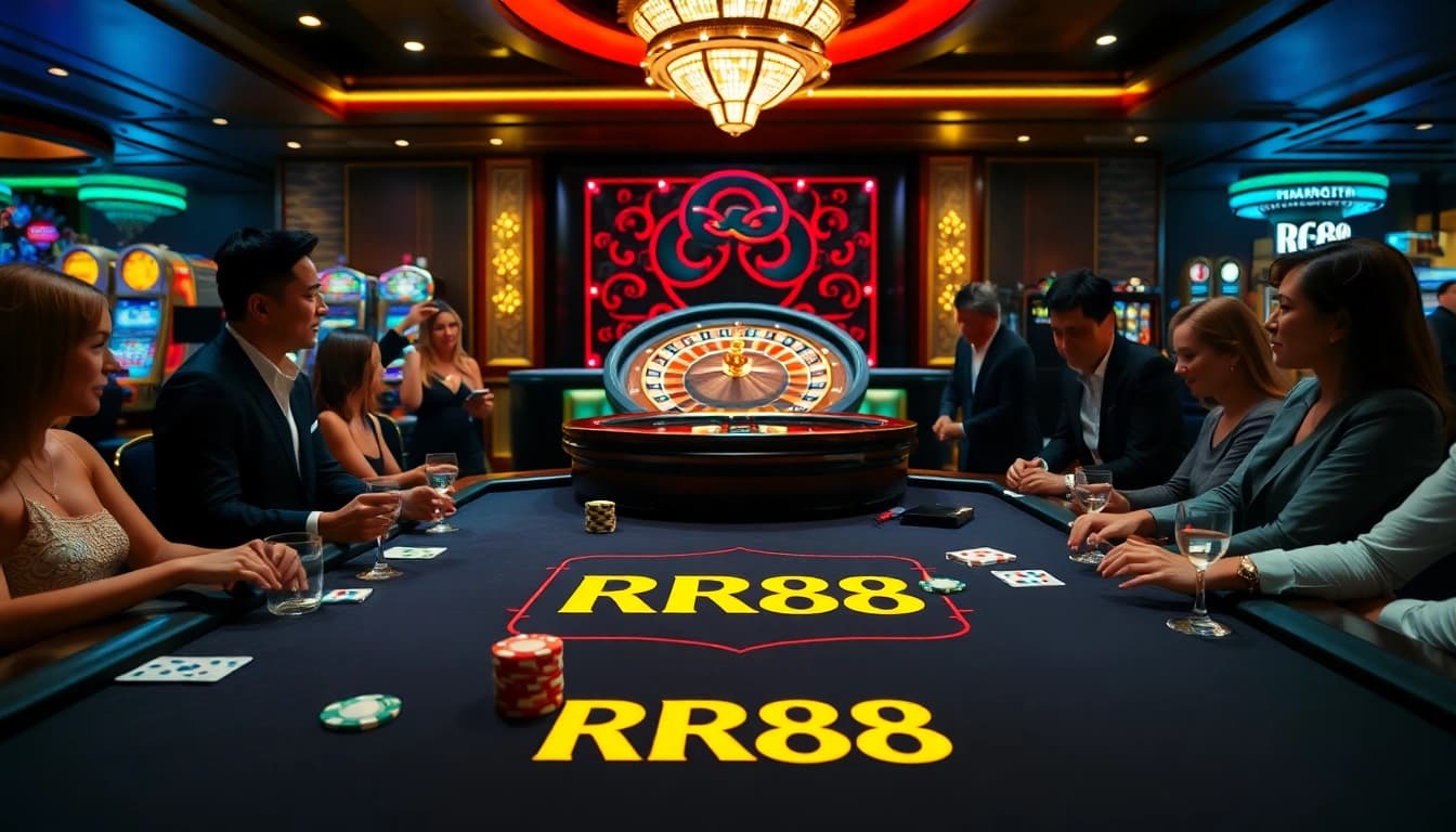 Players enjoying a thrilling game at the RR88 casino table with vibrant poker chips and cards.