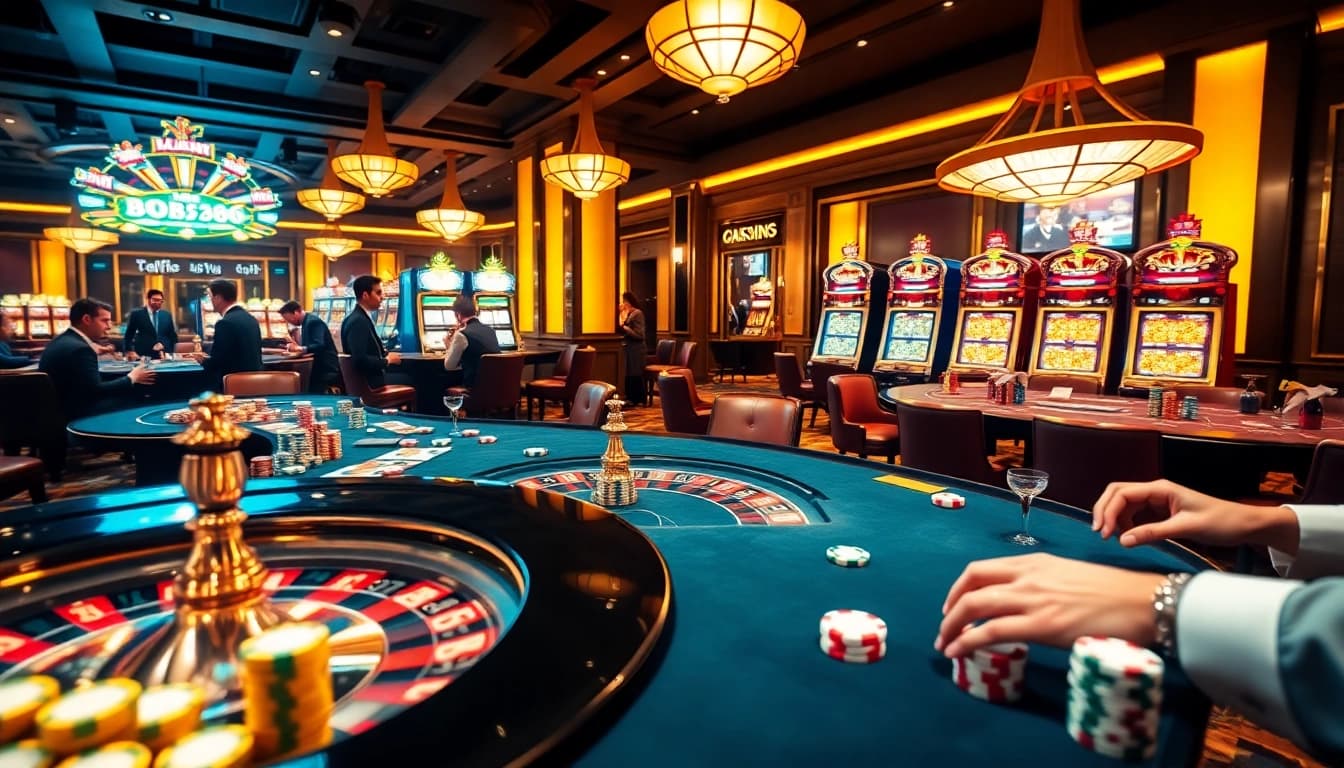 Engage in an exciting game at OK8386's luxurious casino with vibrant roulette and poker tables.