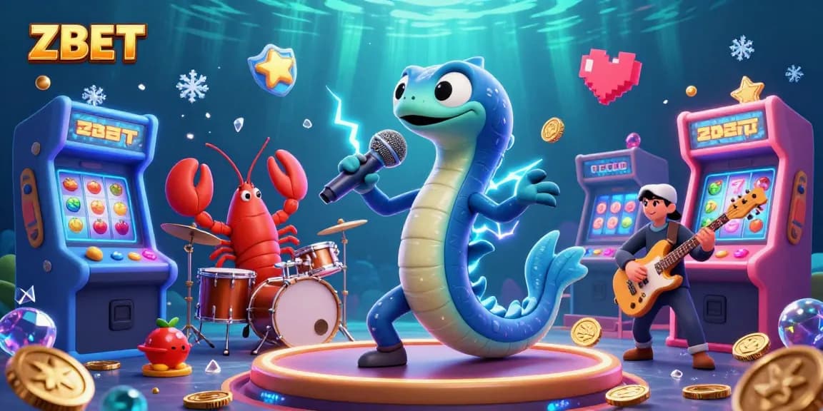 ZBET illuminates a vibrant underwater casino stage featuring an electric eel DJ, lobster drummer, and seahorse guitarist