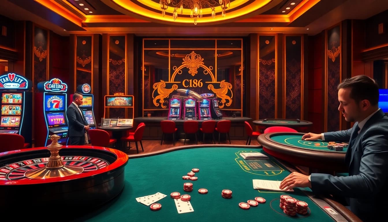 C168 online casino featuring vibrant slot machines and an elegant roulette wheel.