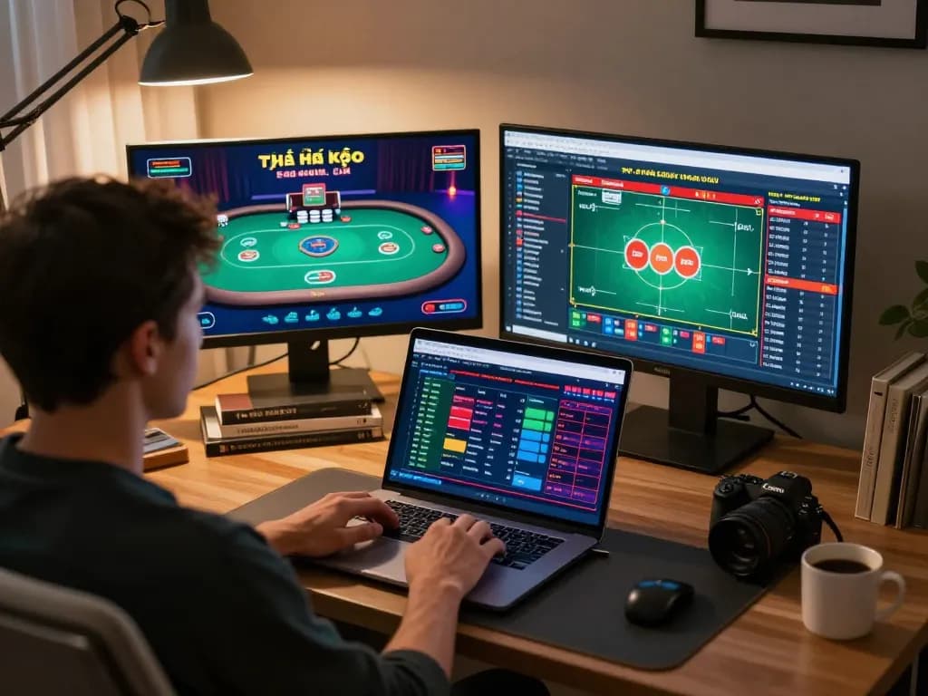 Tỷ lệ kèo nhà cái displayed on a laptop as a player engages in online betting.