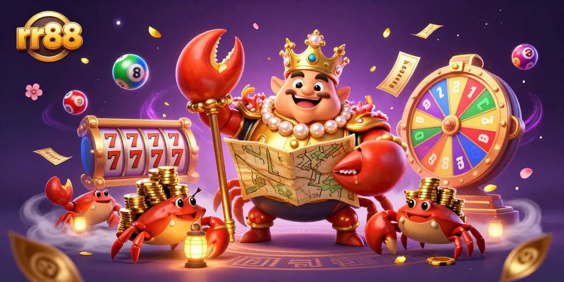 rr88 showcases an exciting 3D illustration of a golden crab emperor ruling a jackpot casino world filled with vibrant games.