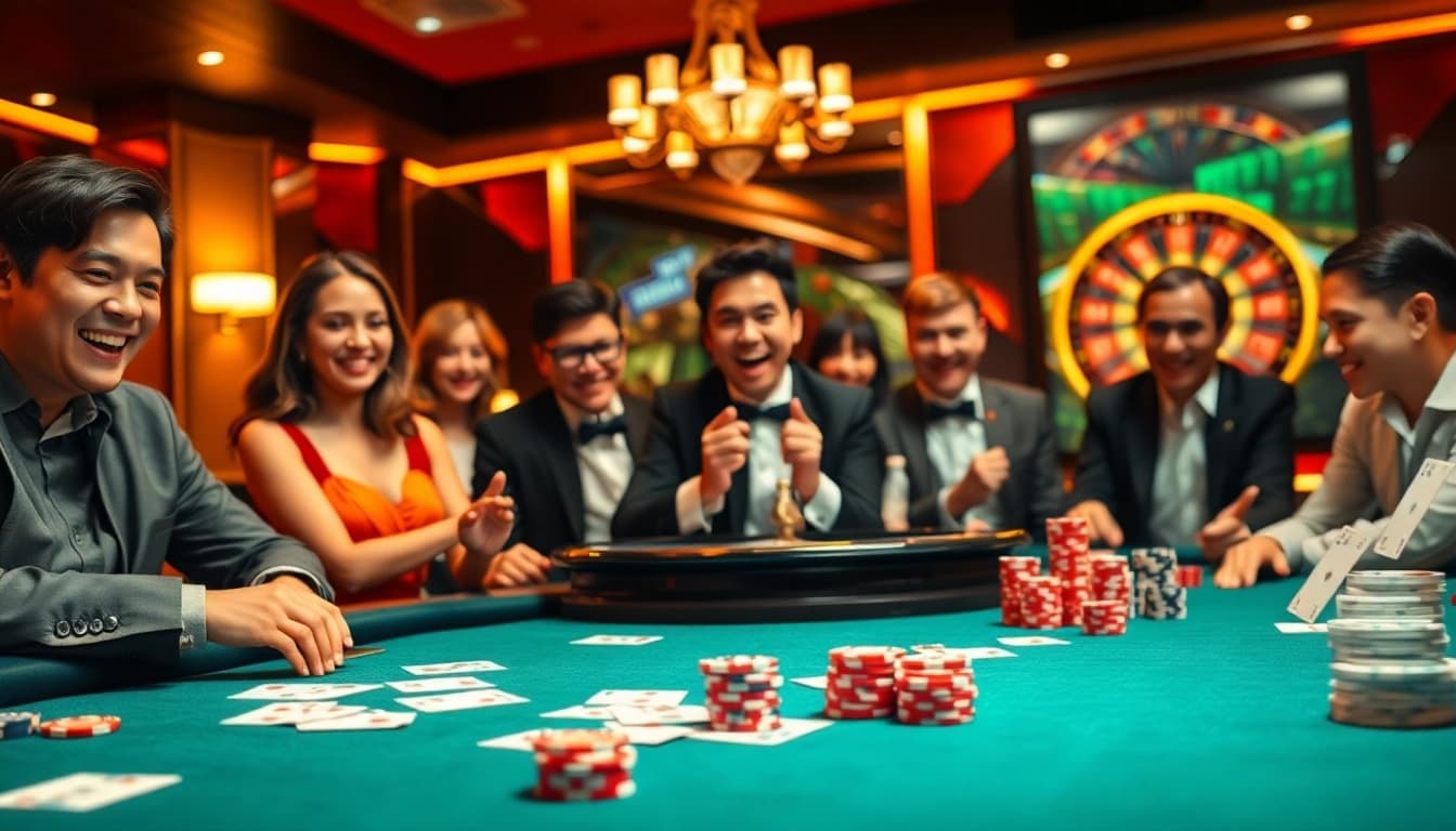 Players enjoying an exciting poker game at Nhà cái F168 with vibrant cards and chips.