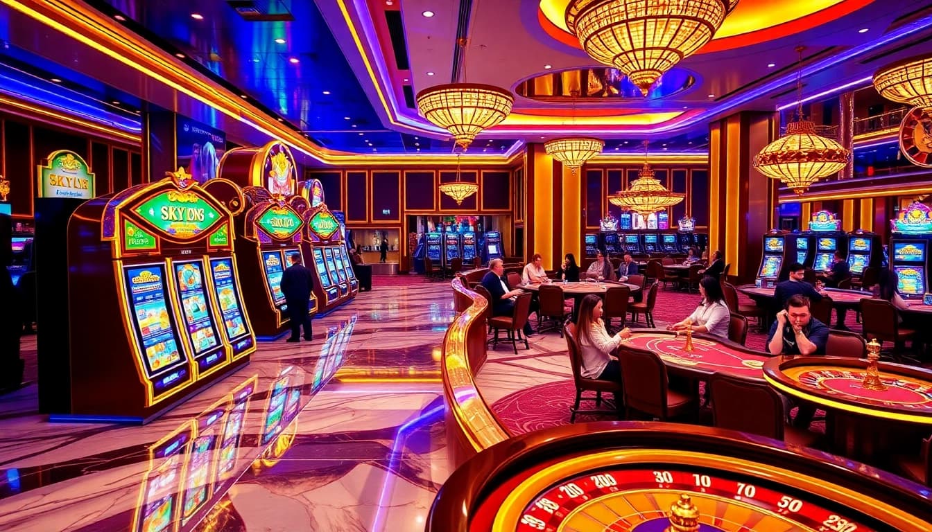 Experience the thrill of gaming at SKY88 Casino, showcasing lively tables and vibrant slot machines.
