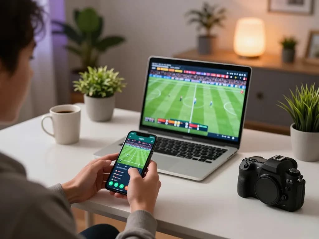Socolive user engaged in sports betting on smartphone with live match display in background.