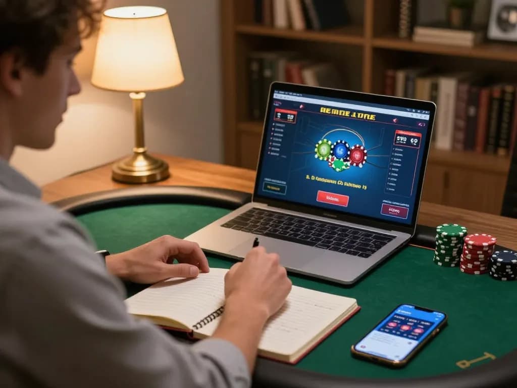 Engaged player using gg88 online poker app, showcasing strategic gameplay in cozy home setting