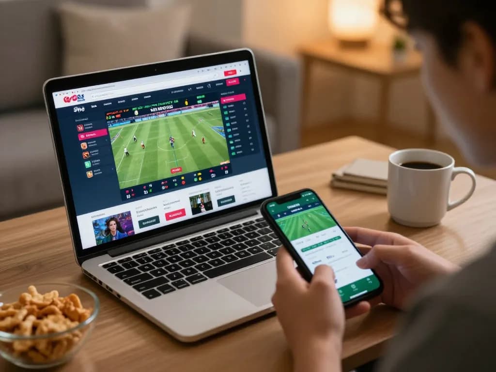 Engaging moment of online sports betting showing tỷ lệ kèo trực tuyến on a laptop, with strategic decision-making activities