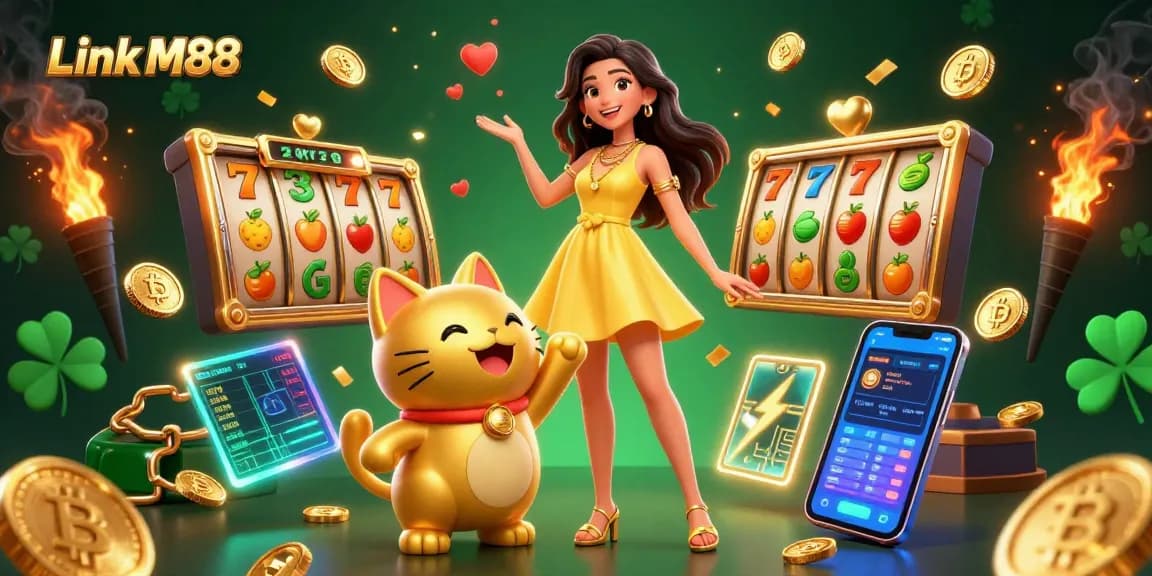 Engage in thrilling gaming with Link M88, showcasing a vibrant 3D scene filled with colorful casino elements.
