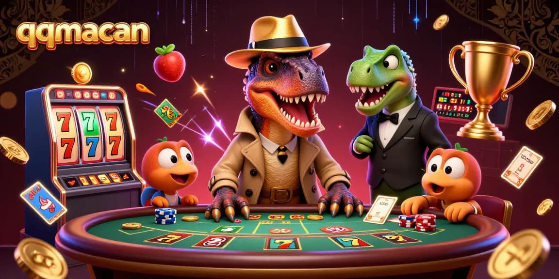 qqmacan hadir dalam ilustrasi animasi 3D dengan karakter unik di meja blackjack memperlihatkan keahlian bermain.